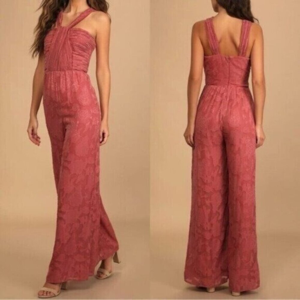 NWT Lulu's Pink Floral Jumpsuit Size XS Lovely Celebration Rose Burnout Chiffon